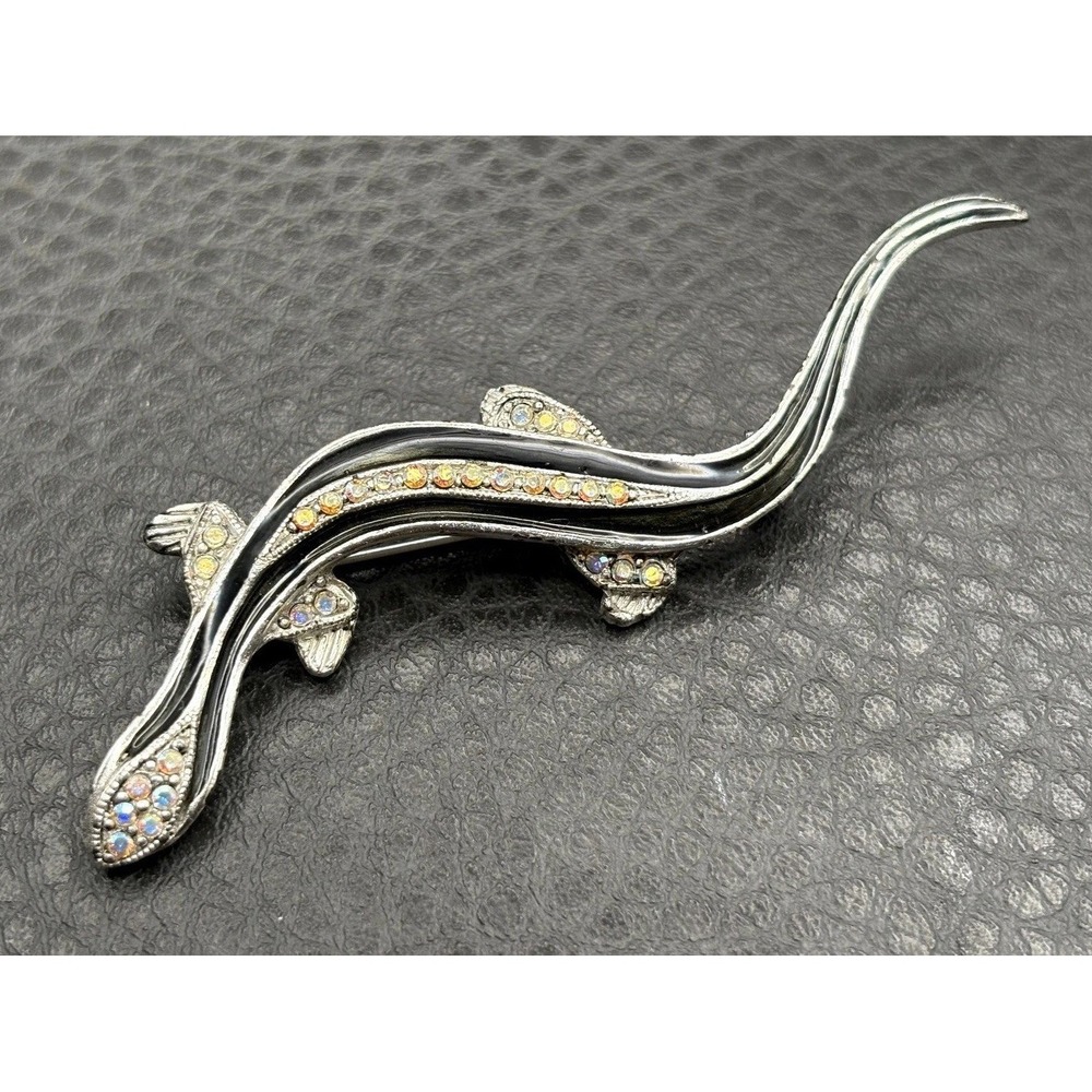 VTG 1928 Lizard Salamander Aurora Borealis Rhinestone Black Enamel Pin Brooch
